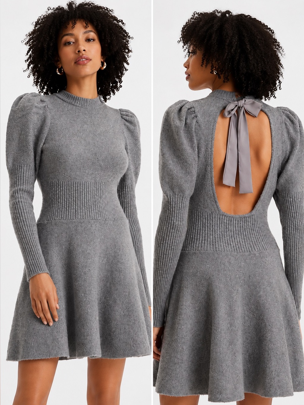 EXPRESS Crew Neck Puff Sleeve Satin Tie Open Back Fit n Flare Sweater Dress XS
